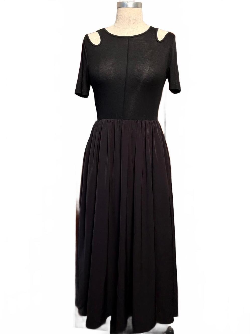 Black Cold Shoulder Mixed Media Maxi Dress Stretch Knit Small